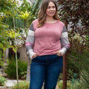 Pink Candy Striping Sleeve Plus Size Top